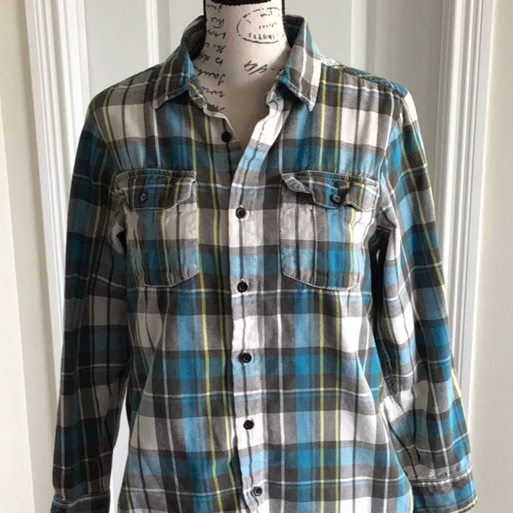 Pure Stuff women’s Blue and Gray Plaid flannel  Shirt Sz L